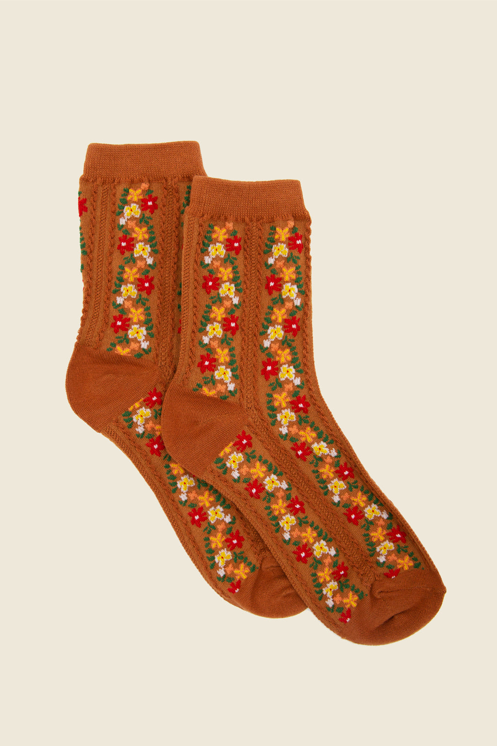 Kin Ship Goods Aahana Socks in rust by Tiepology, cozy cotton blend with floral-inspired knit