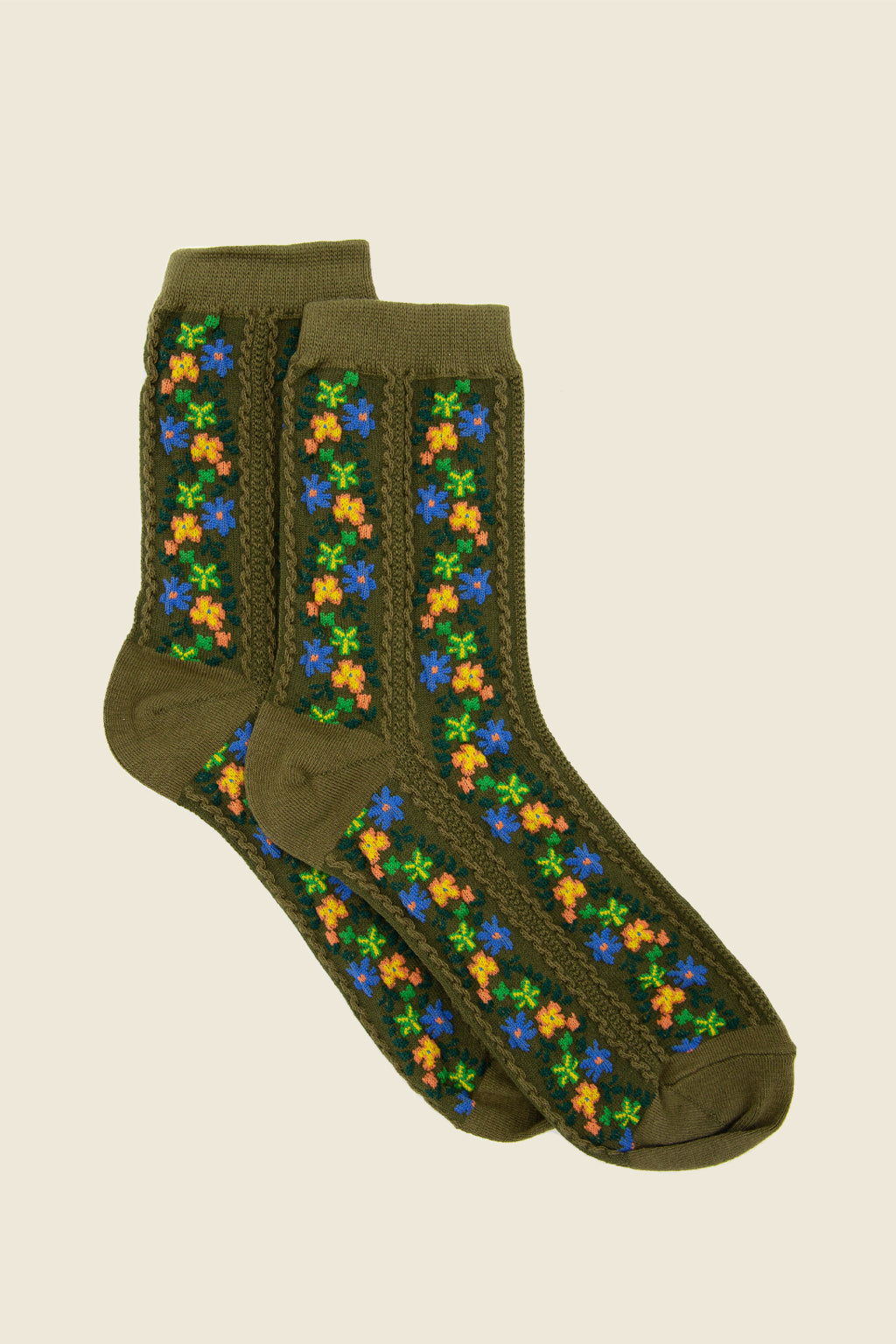 Kin Ship Goods Aahana Socks in olive by Tiepology, cozy cotton blend with floral-inspired knit