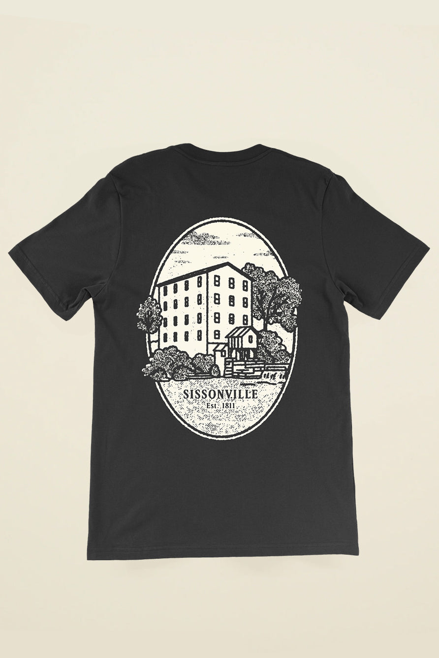 Kin Ship Goods Sissonville WV shirt with historic mill illustration and tree logo for the Sissonville Historical Society