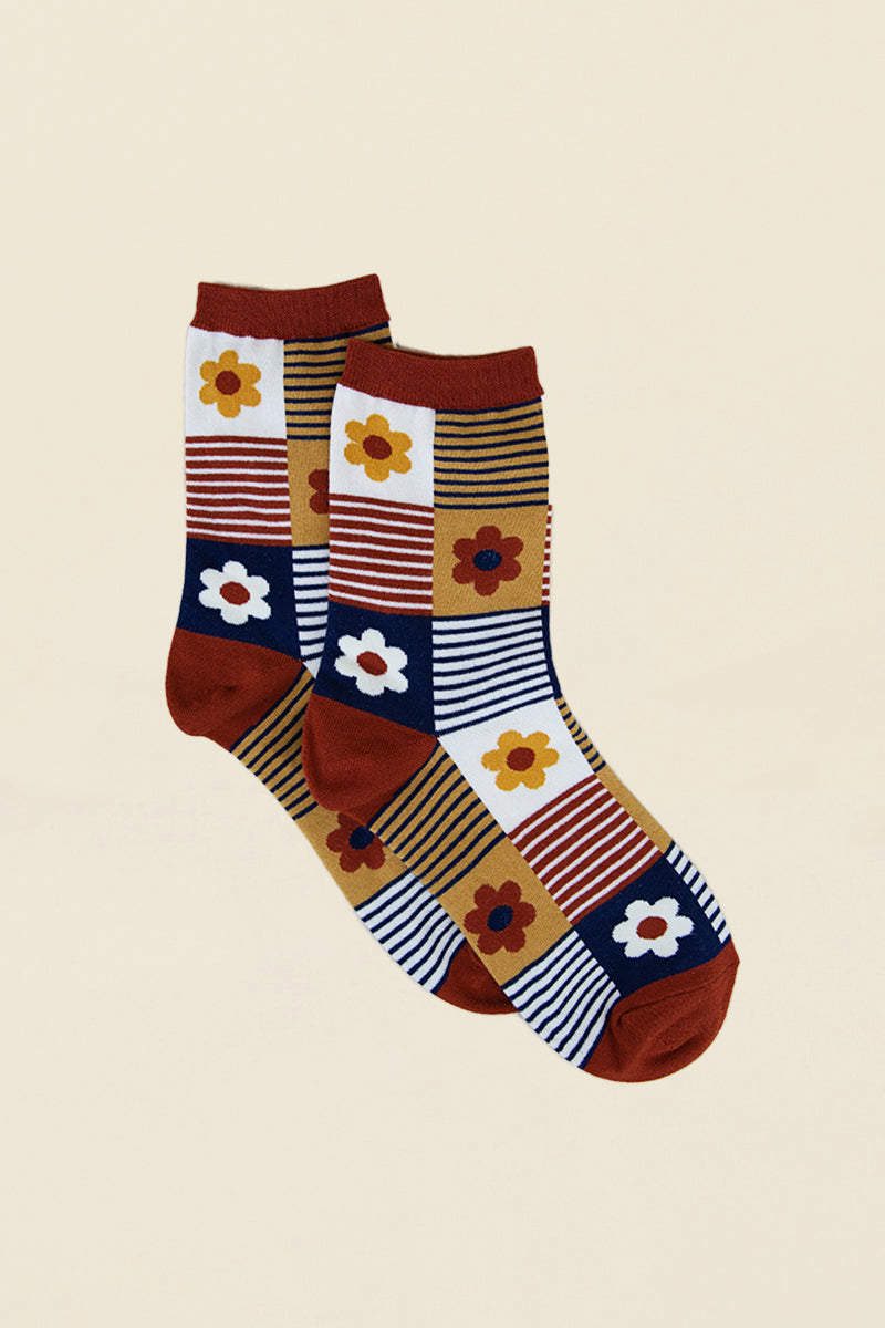 women daisy stripes socks brick navy mustard white Kin Ship Goods