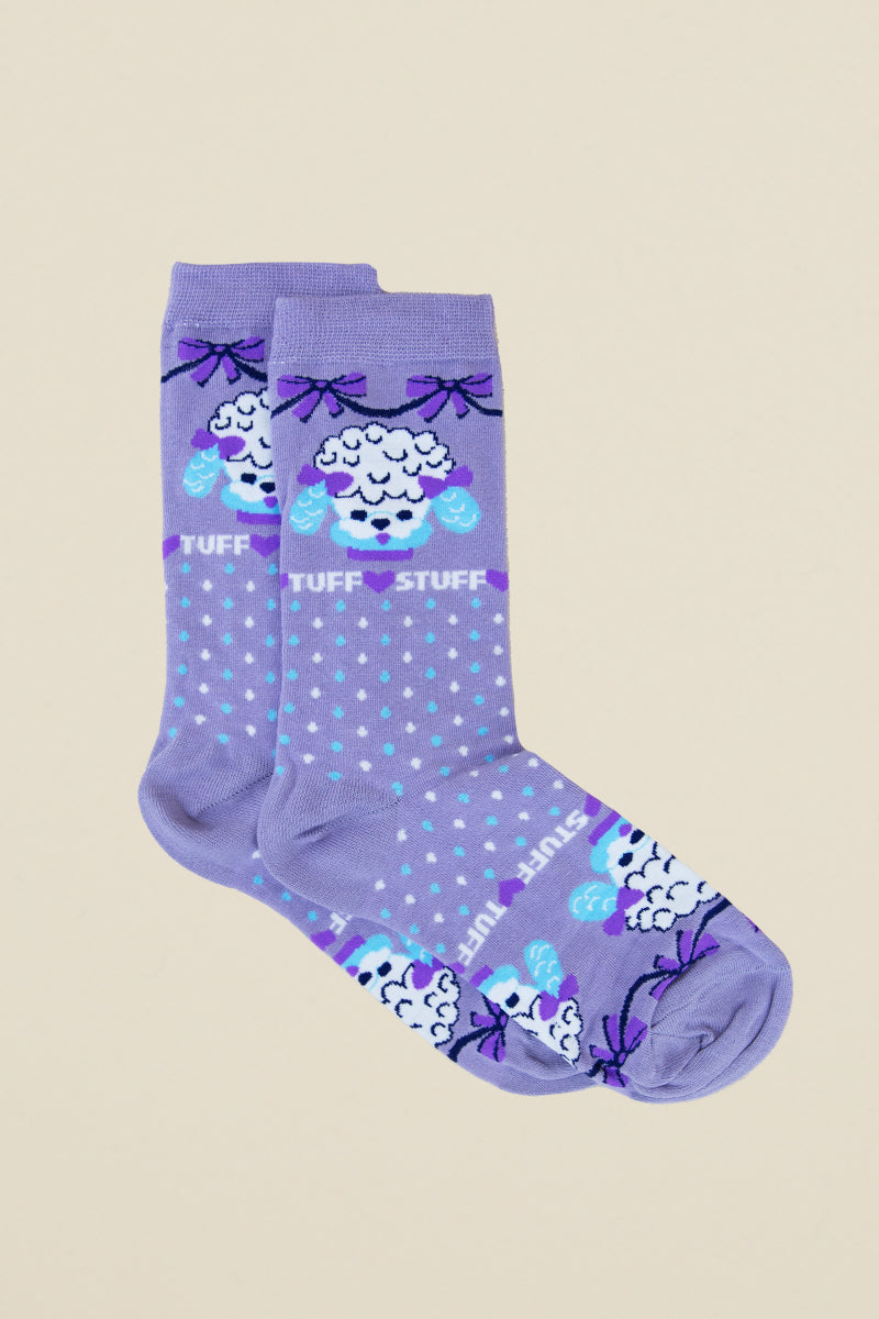 purple polka dot socks with poodle that says &quot;tuff stuff&quot; kin ship goods