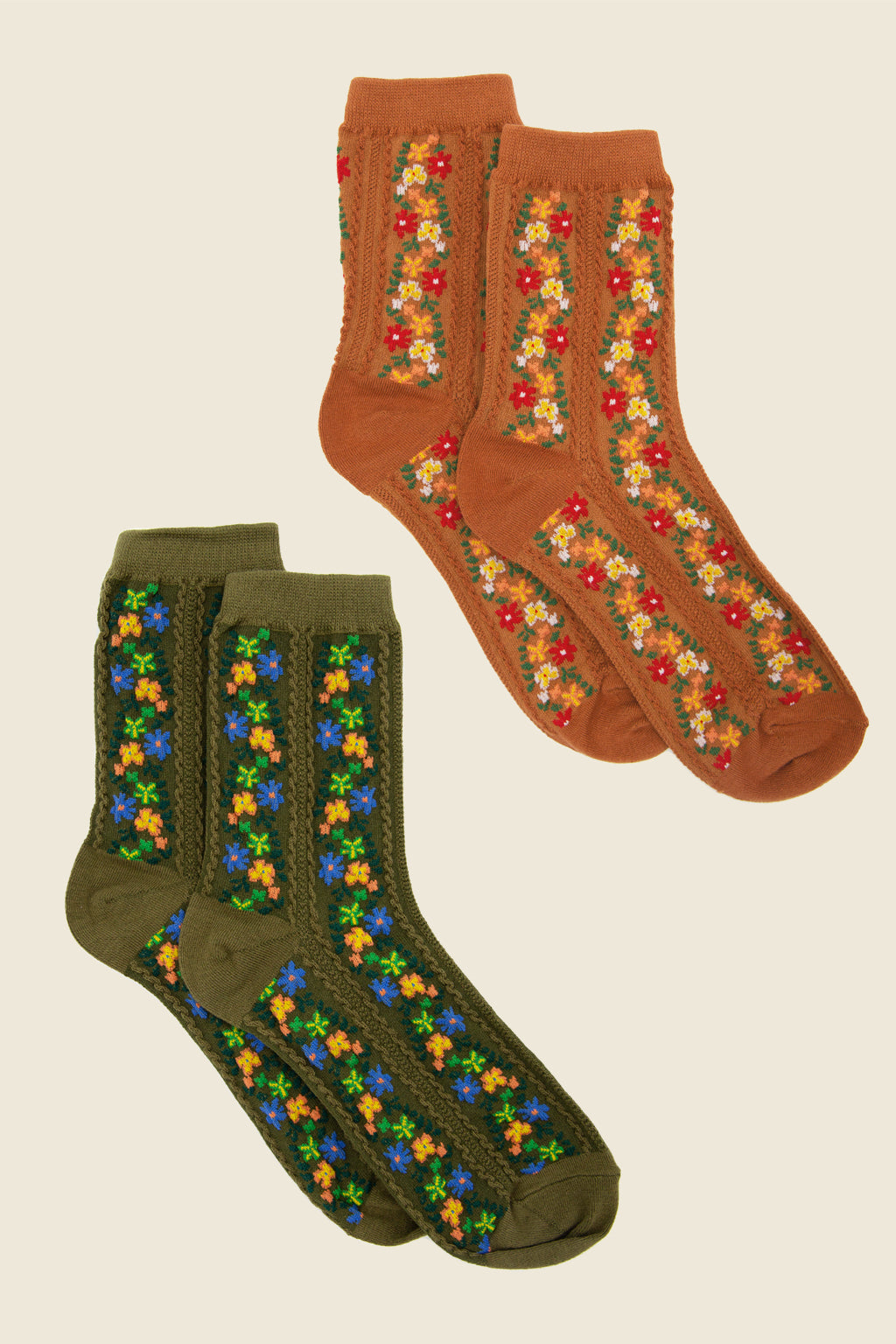 Kin Ship Goods Aahana Socks in rust and olive by Tiepology, cozy cotton blend with floral-inspired knit