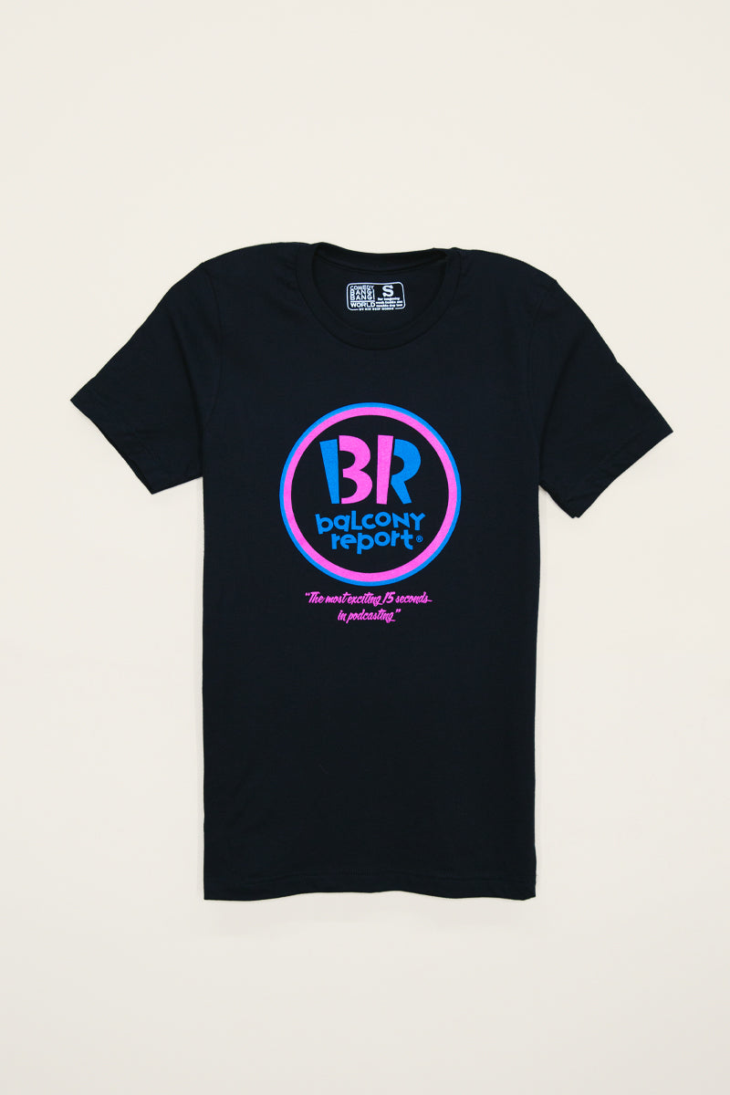 Kin Ship Goods x Comedy Bang Bang Balcony Report tee with neon pink and blue logo and podcast tagline on black shirt.