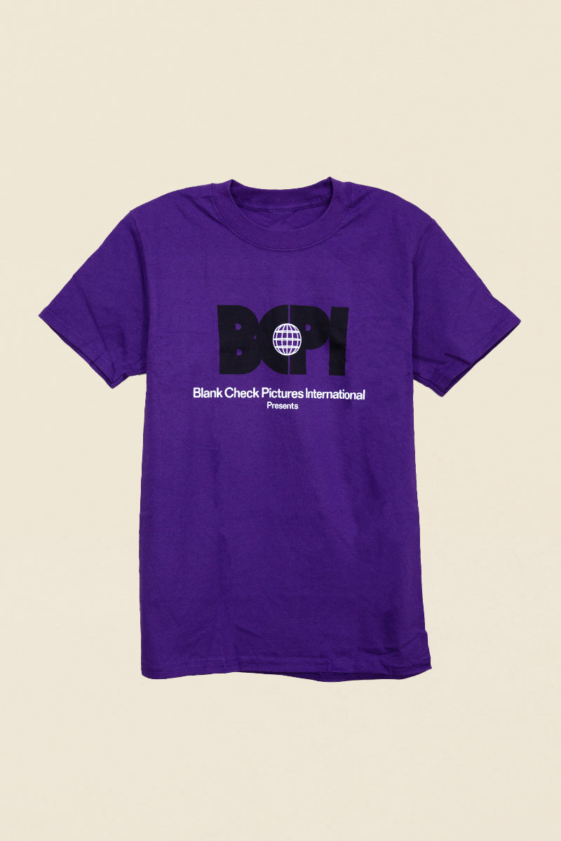 Kin Ship Goods Blank Check Pictures International purple tee with BCPI logo for podcast and film lovers.