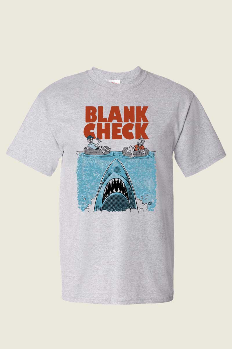 Kin Ship Goods heather gray Blank Check podcast shirt with cartoon shark parody graphic and bold red text.