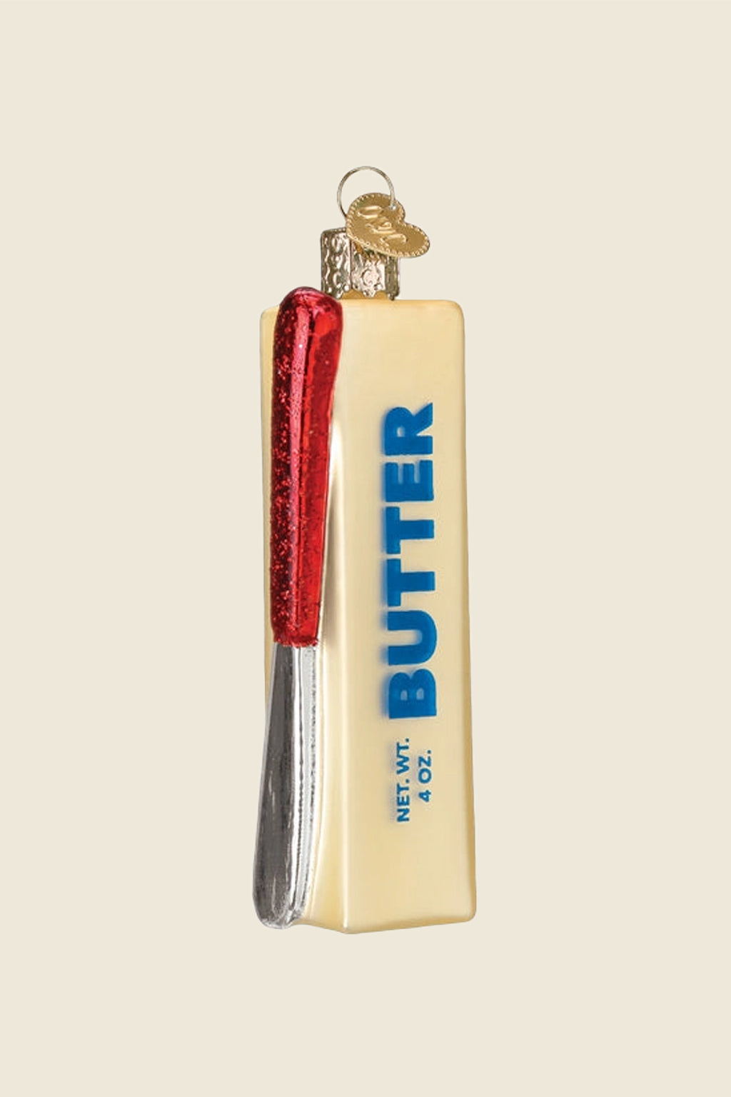 Kin Ship Goods glass butter ornament with red glitter knife—hand-painted kitchen-themed holiday decor.