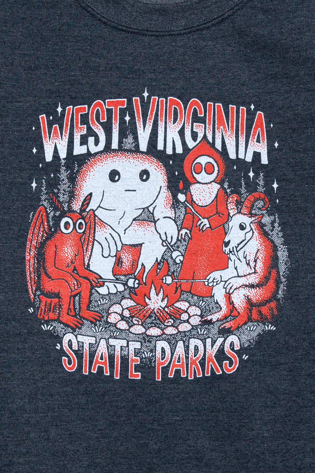 Cryptid campfire grey crewneck for West Virginia State Parks x Kin Ship Goods.