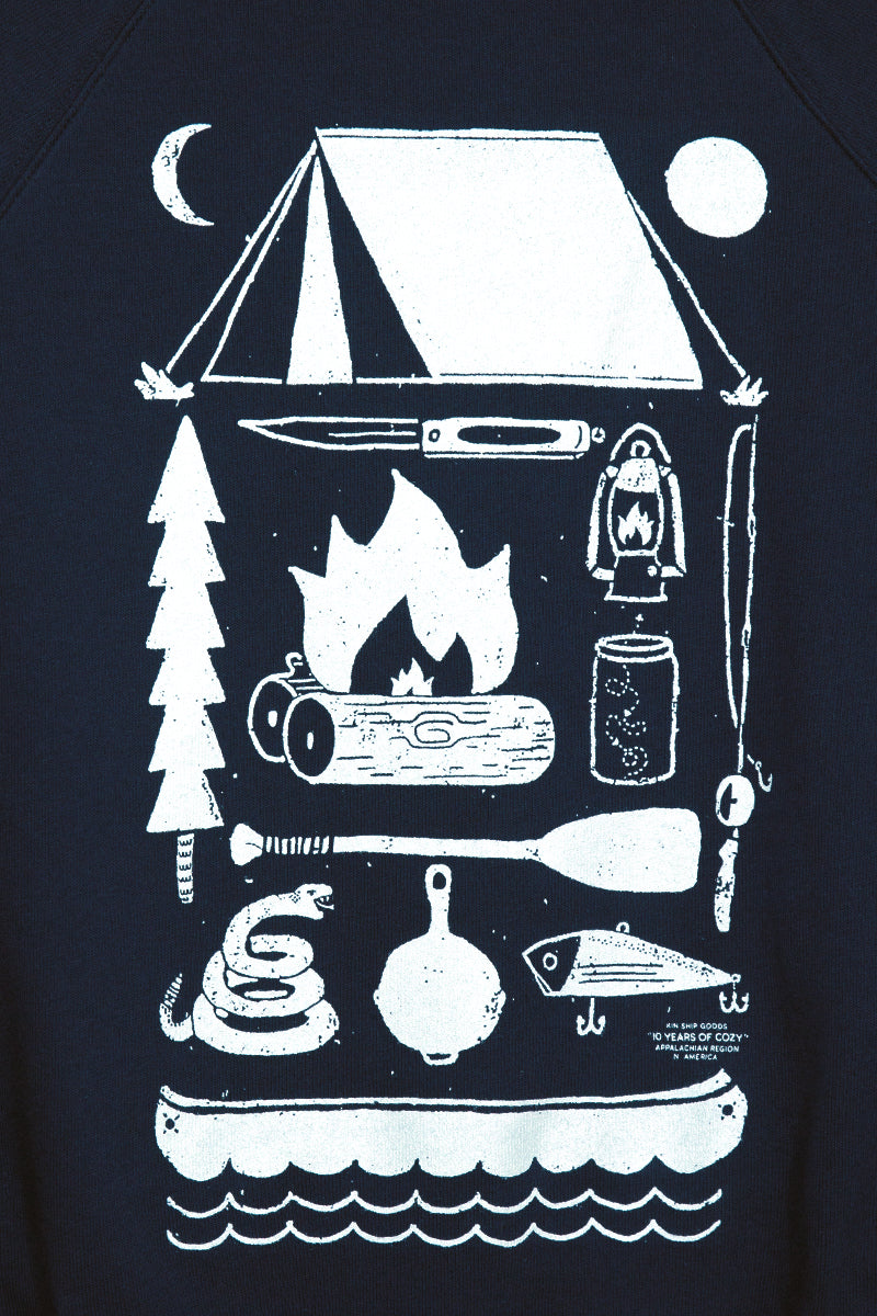 close up navy camping sweatshirt kin ship goods