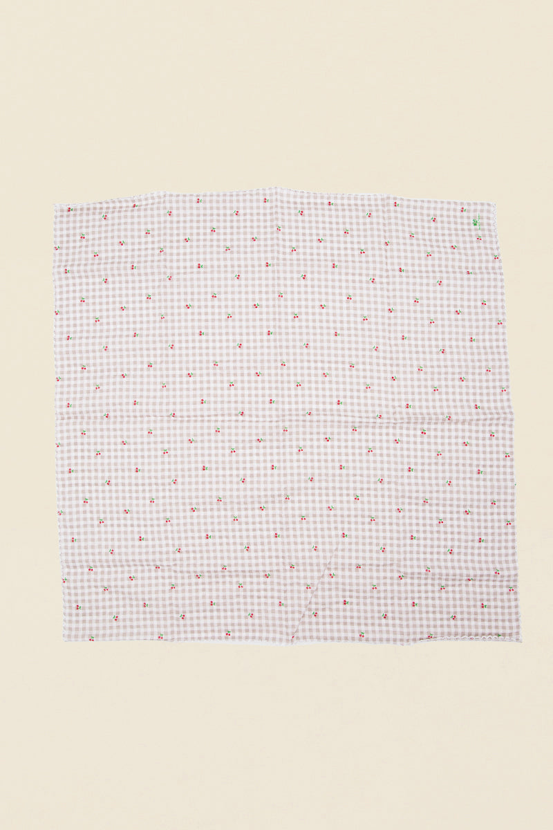 Pink gingham bandana with small red cherry print, lightweight and soft for hair, neck, or pup style