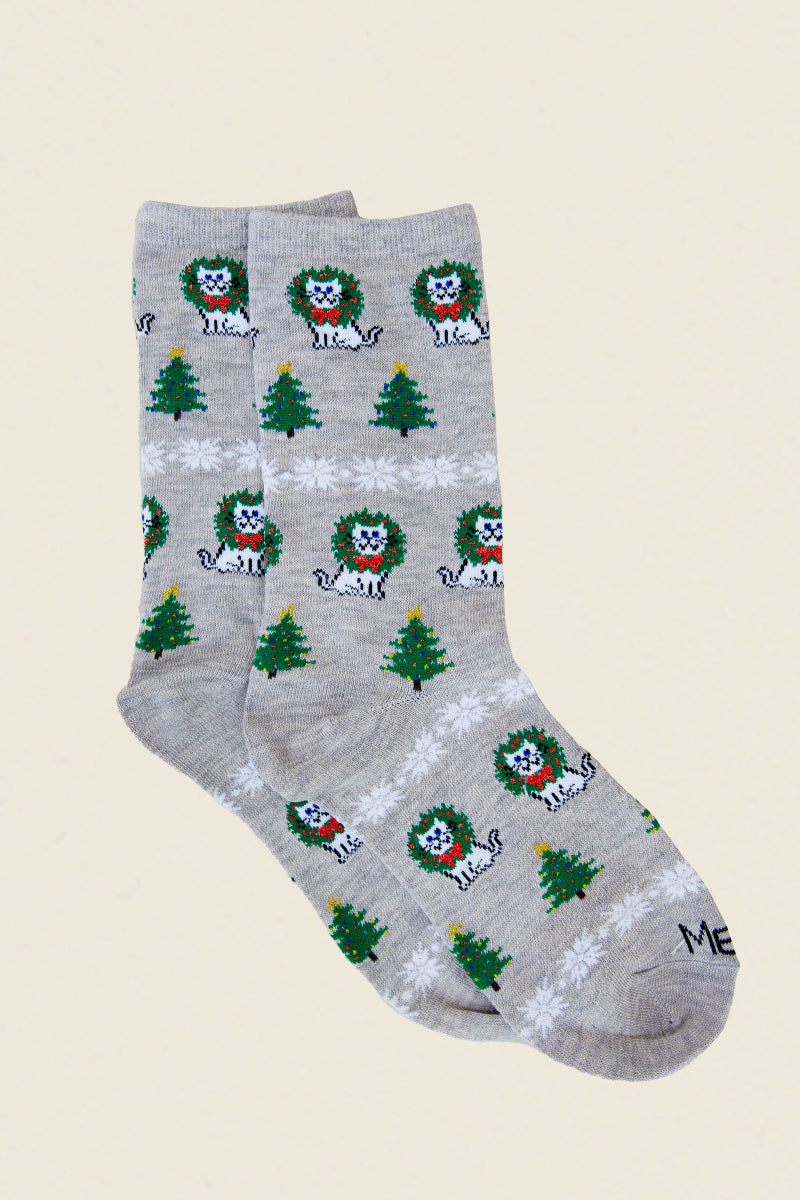 Grey Holiday Cat Socks Kin Ship Goods