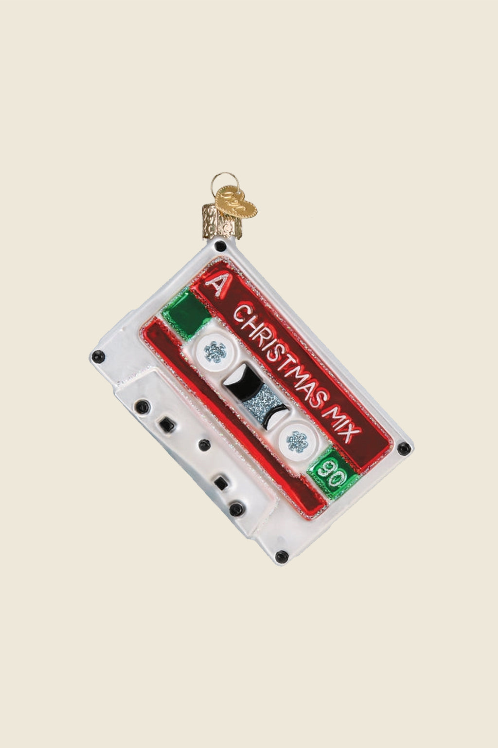 Cassette tape Christmas ornament labeled “A Christmas Mix” with glittery red, green, and white details from Kin Ship Goods.