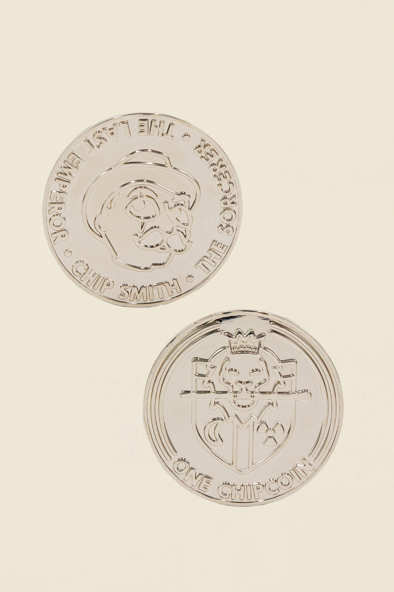 Blank Check Chip Coin with Chip Smith and BC crest—collectible podcast merch at Kin Ship Goods.