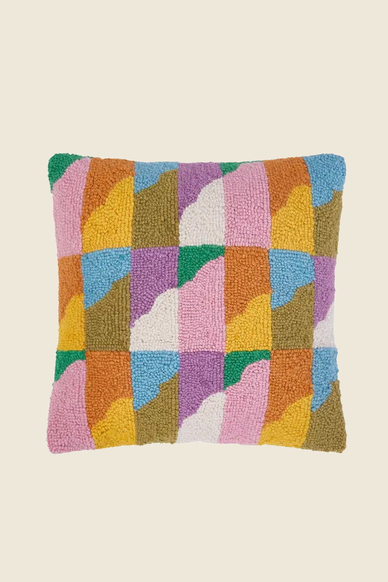 Kin Ship Goods square hook pillow with colorful abstract mountain grid—bold, cozy accent for eclectic or modern mountain home décor.