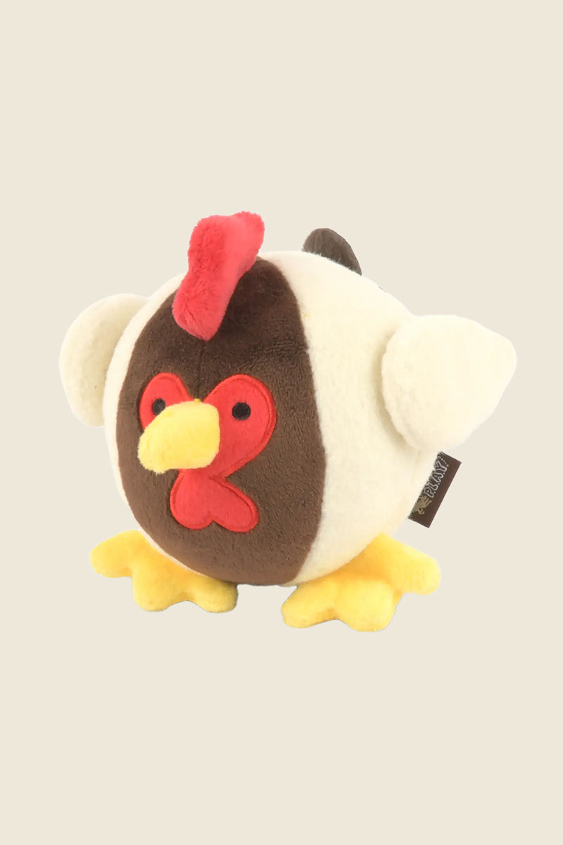 Kin Ship Goods rooster plush dog toy with hidden spiky squeaker ball inside for fun, surprise-filled pet playtime

