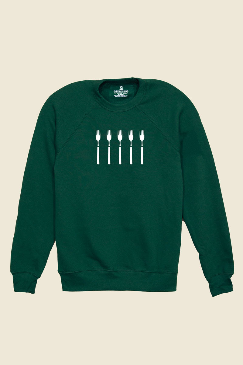 Kin Ship Goods dark green sweatshirt with five white fork icons—official Doughboys podcast merch for true fast food fans.