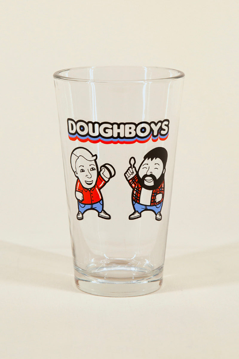 Doughboys pint glass from Kin Ship Goods – official collab featuring Nick and Mitch artwork. 