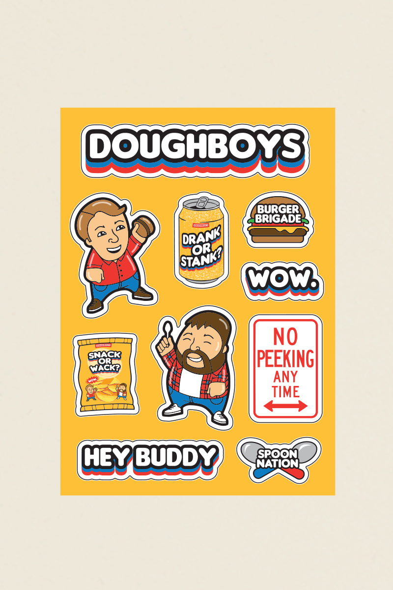 Doughboys Podcast sticker sheet from Kin Ship Goods featuring Mitch, Wiger, and fan-favorite bits like Drank or Stank, Burger Brigade, and Hey Buddy.
