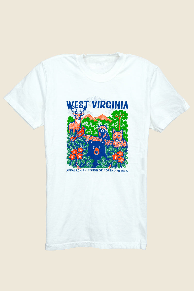 Kin Ship Goods West Virginia forest animals t-shirt in white with bear, raccoon, deer, and bobcat—Appalachian graphic design.