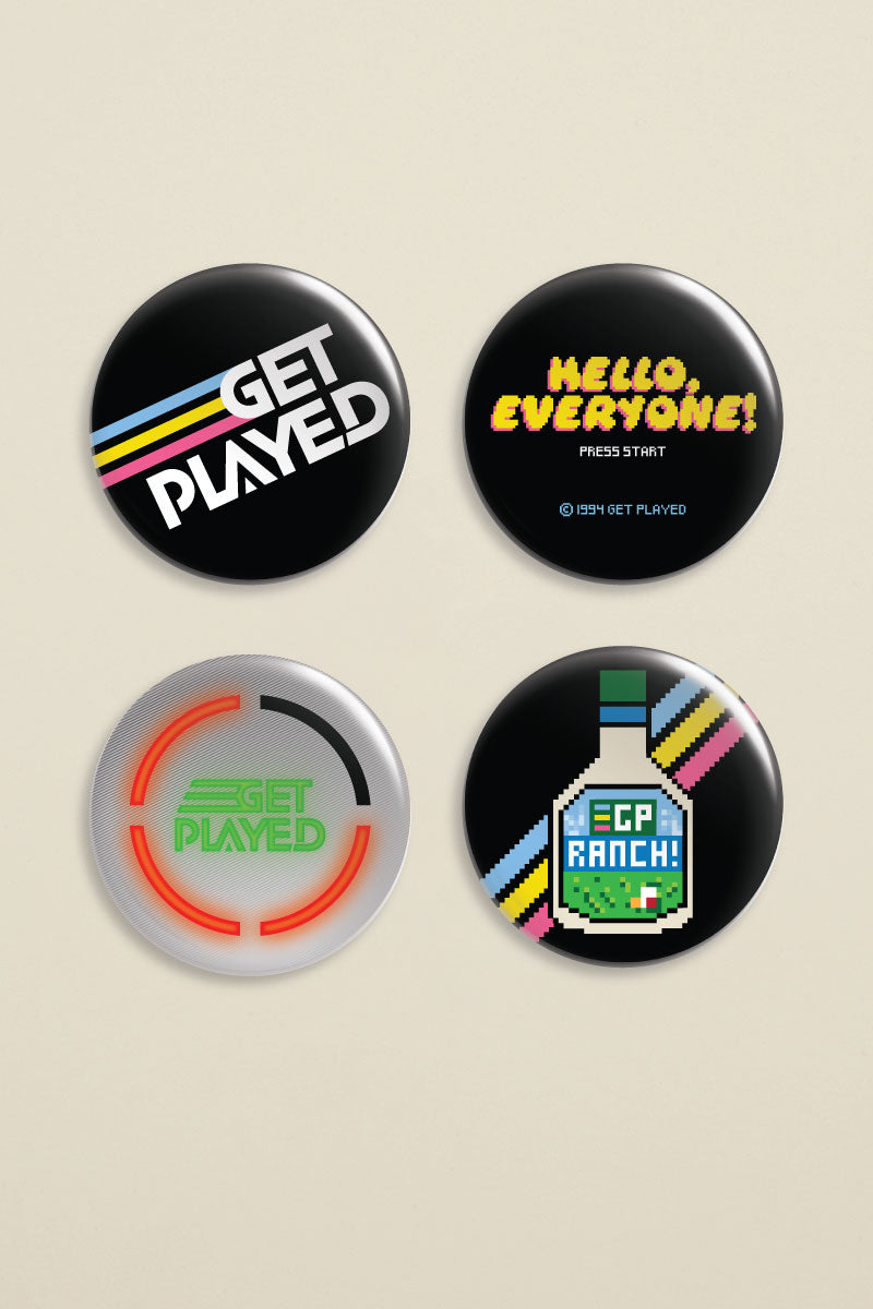 Get Played Podcast button set – retro gaming-inspired pin collection by Kin Ship Goods.