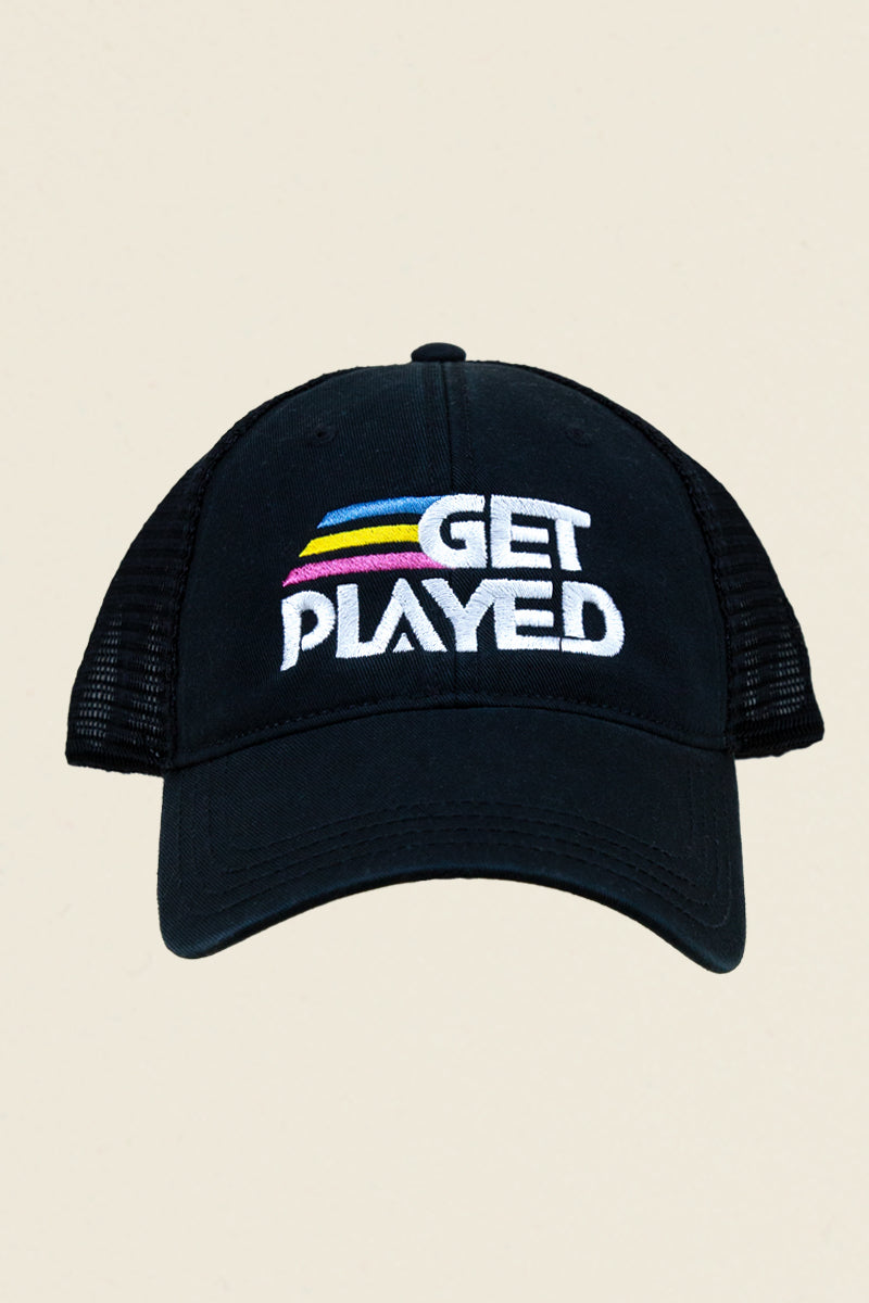 get played podcast logo hat black kin ship goods dad hat