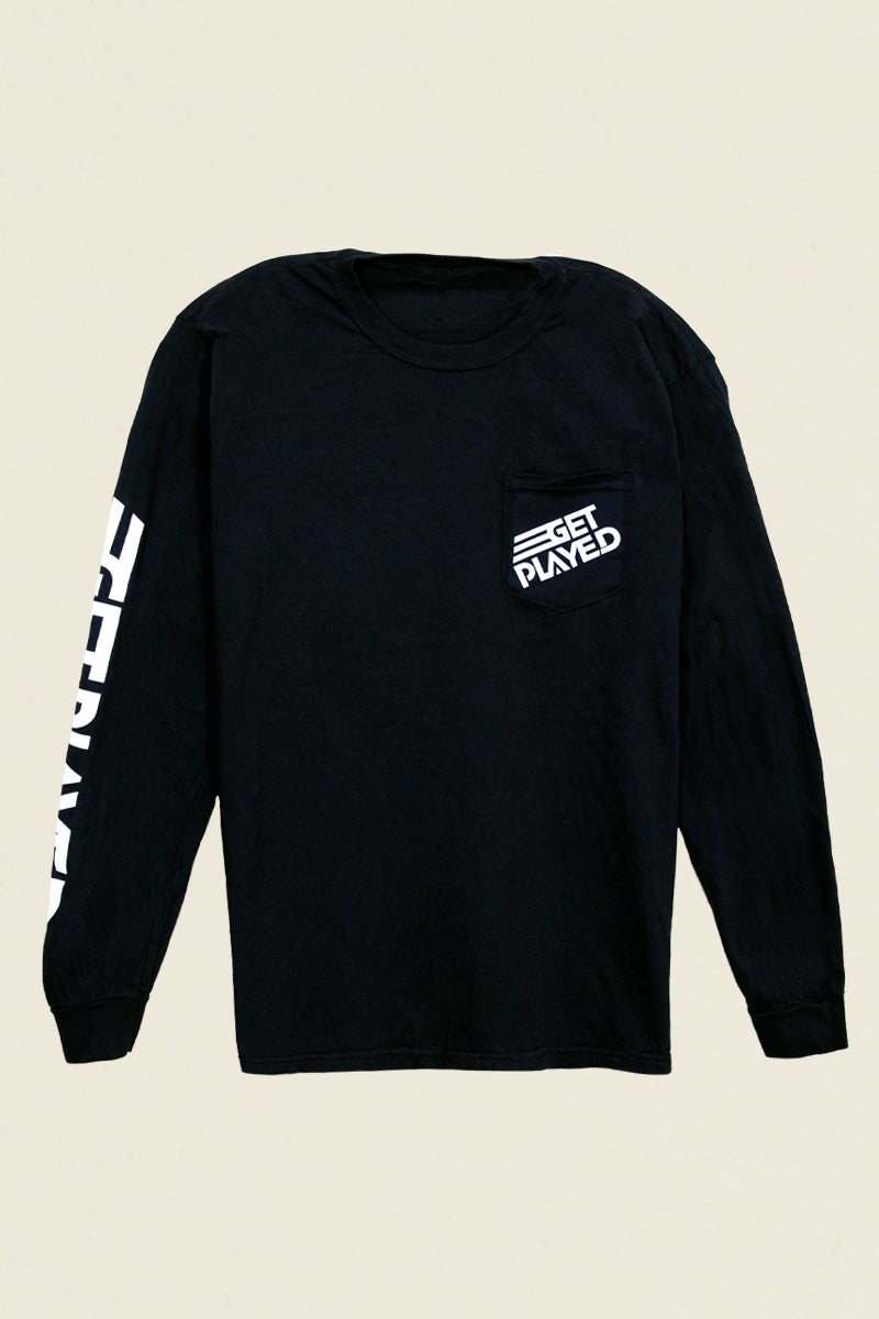 front view get played podcast black long sleeve shirt kin ship goods