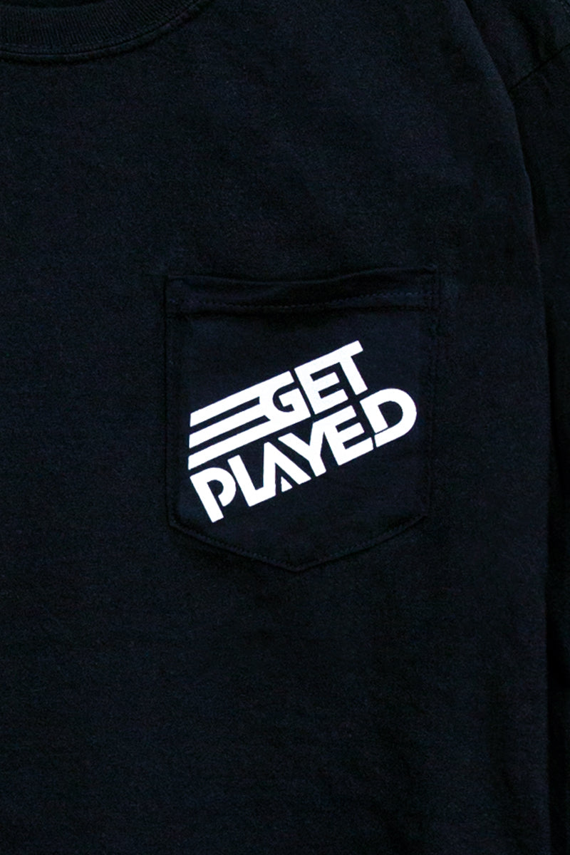 close up logo get played podcast black long sleeve shirt kin ship goods