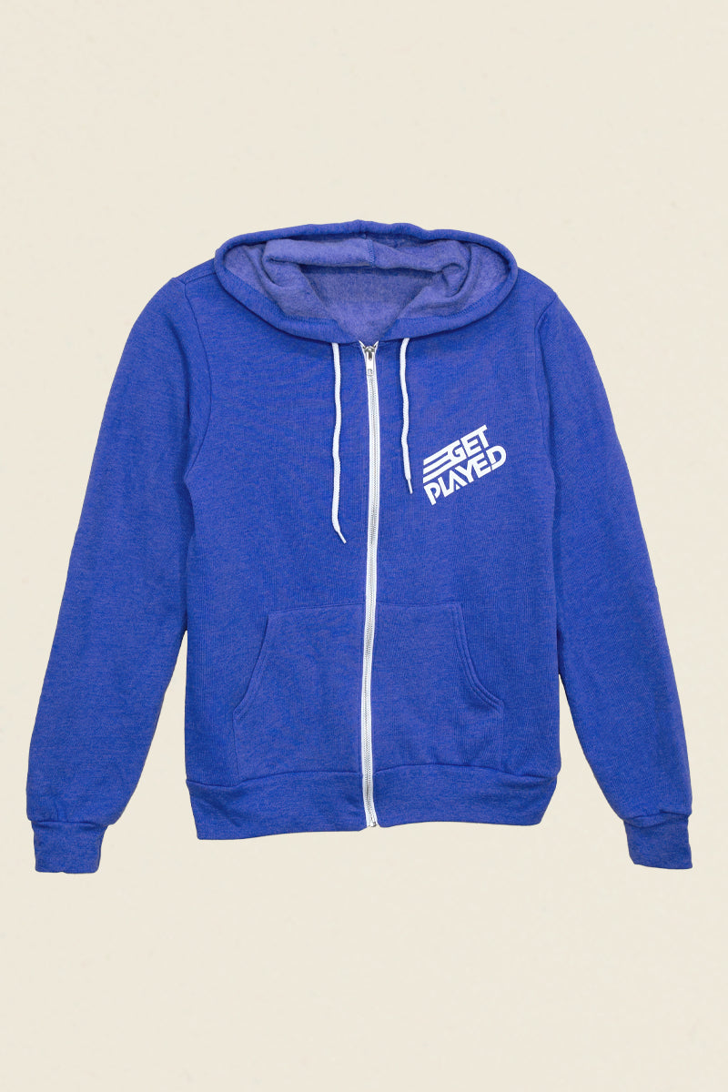 get played podcast zip up hoodie blue and white kin ship goods