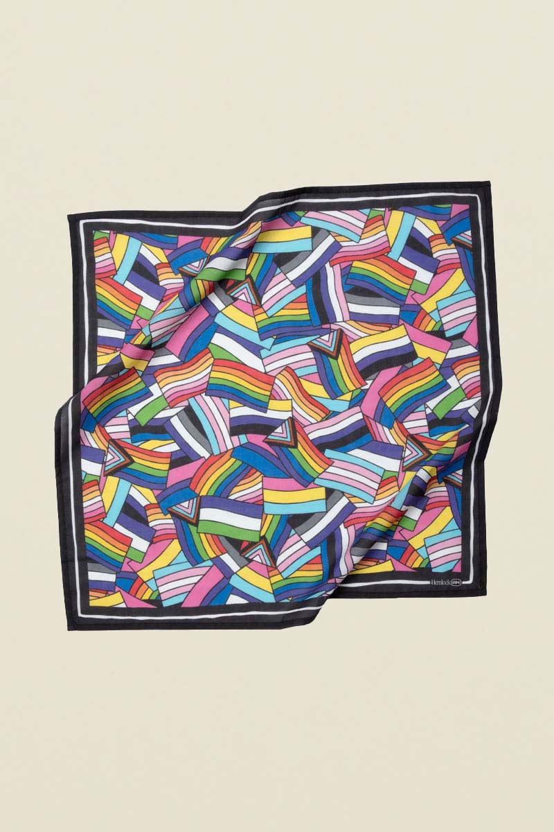 Kin Ship Goods Pride bandana with colorful LGBTQ+ flag pattern on soft cotton-poly fabric for bold and inclusive style