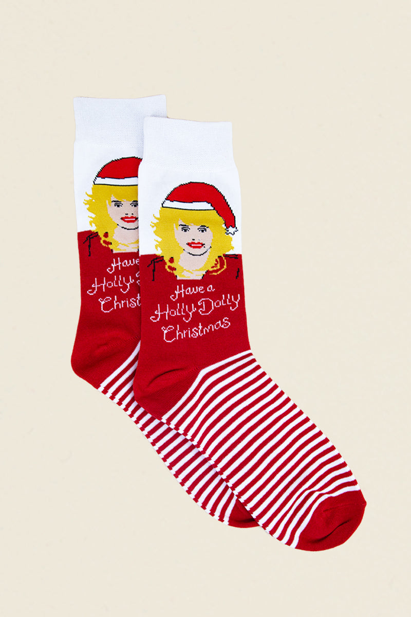 red and white striped sock with dolly parton saying "have a holly dolly Christmas"