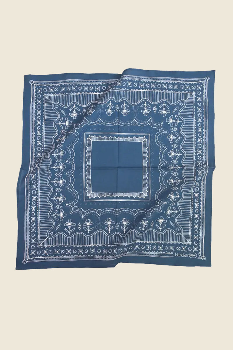 Kin Ship Goods Handker Johnny blue bandana with white floral cotton design, 22x22 inches
