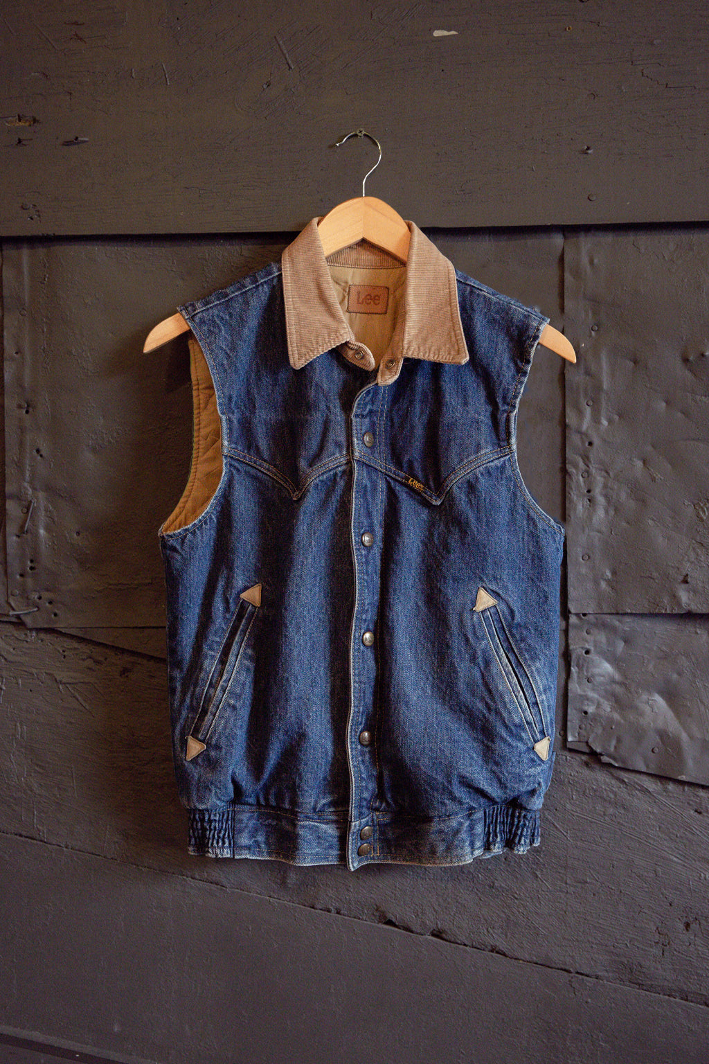 Denim vest with beige collar. Kin Ship Goods Vintage.