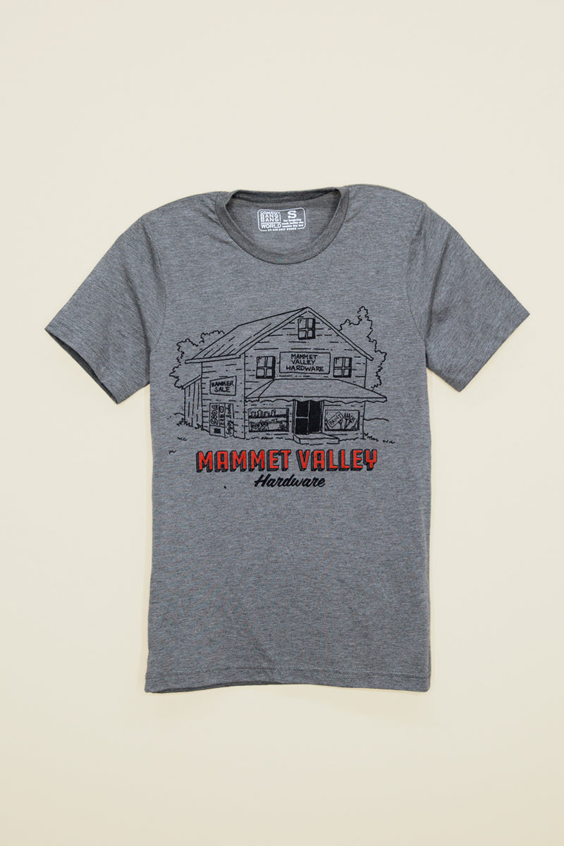 college town podcast mammet valley hardware t shirt grey black and red kin ship goods