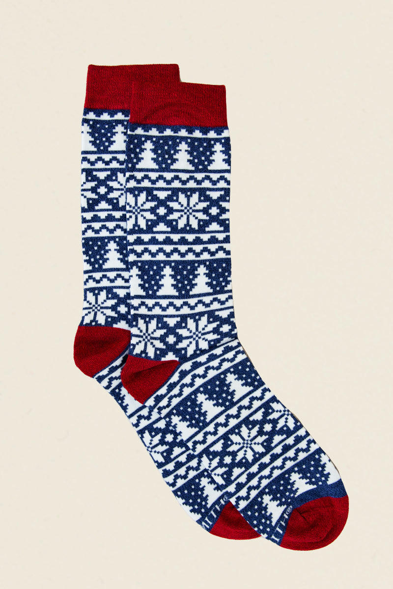 red, navy, and white fair isle socks christmas winter snowflakes kin ship goods holiday product