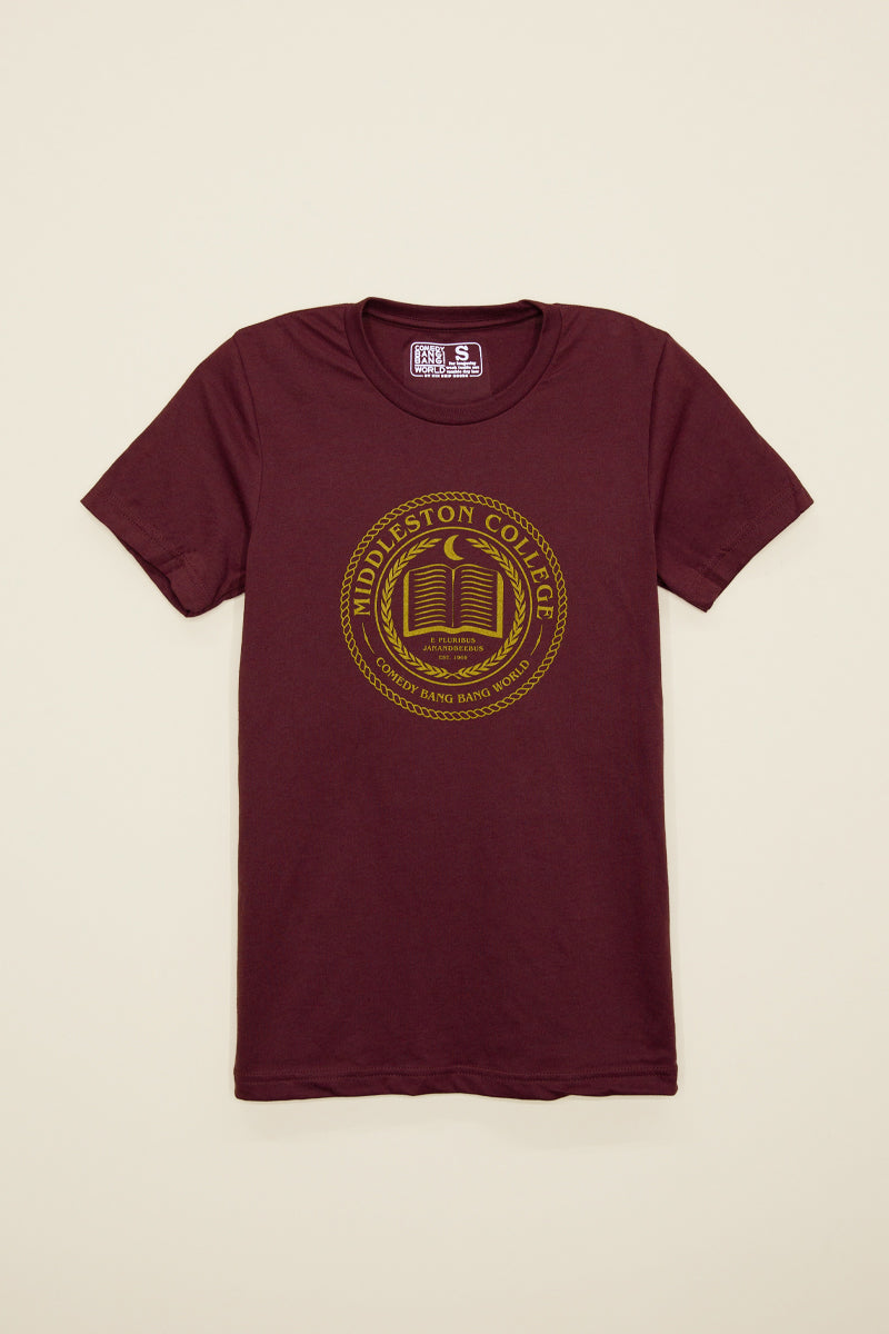 Kin Ship Goods maroon t-shirt with gold Middleston College seal—official Comedy Bang Bang World merch.