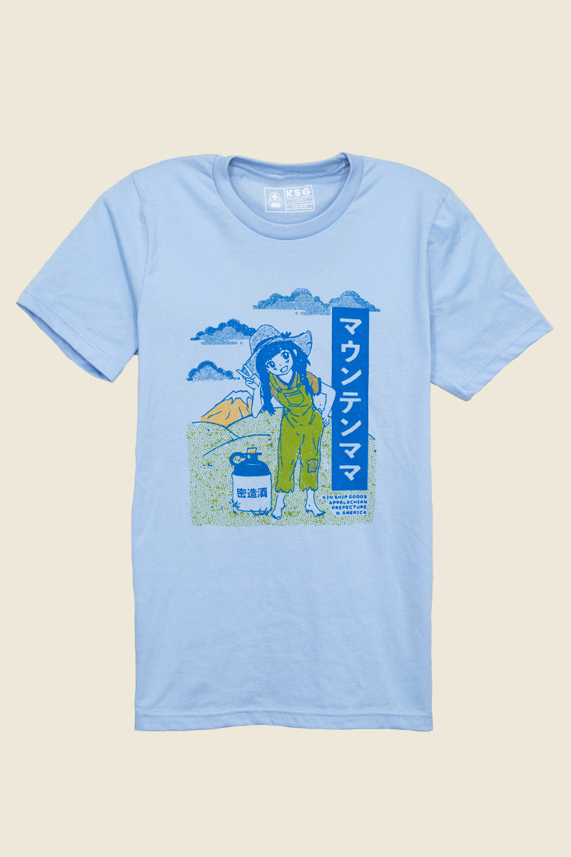 Kin Ship Goods Mountain Mamachan crop tee featuring anime-style mountain girl with jug and katakana text, screen printed by hand.



