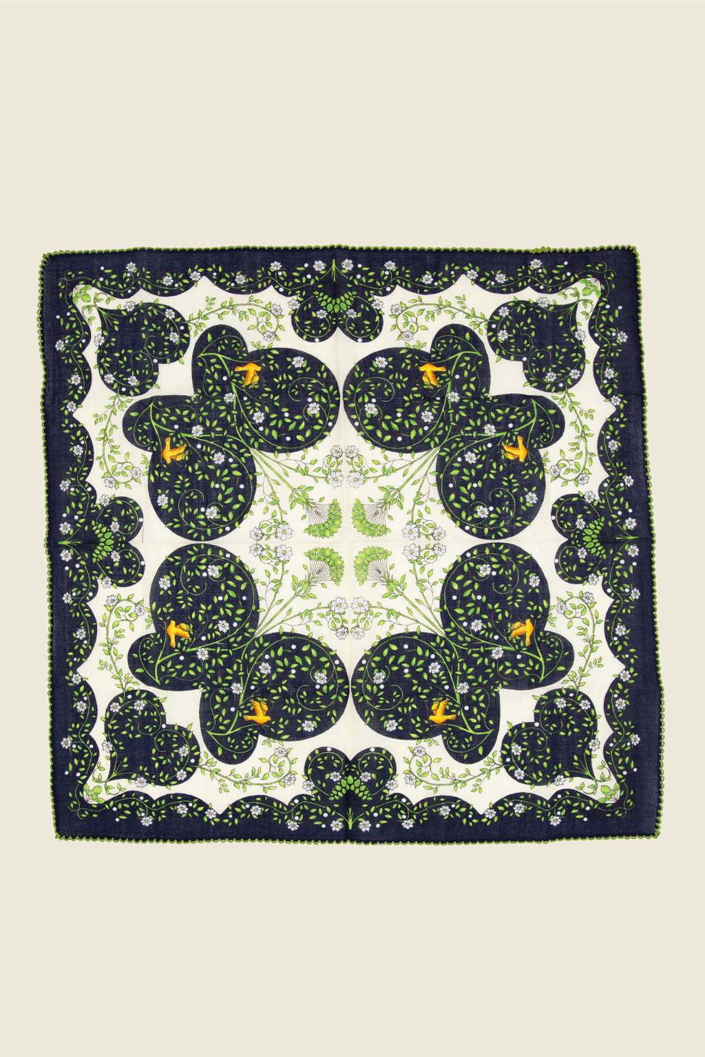 Kin Ship Goods navy and green floral bird bandana with golden songbird accents, vintage-inspired accessory