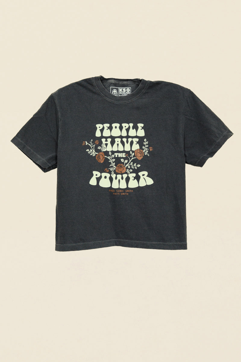 Kin Ship Goods crop tee with floral “People Have the Power” design from official Patti Smith collab, printed on vintage black.

