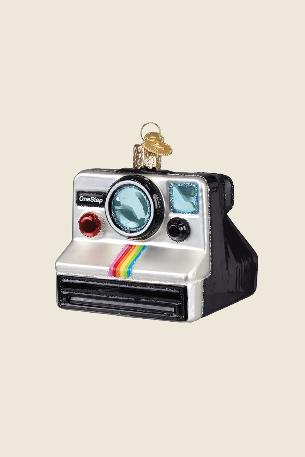 Kin Ship Goods Polaroid Camera ornament featuring a rainbow stripe and vintage camera details.
