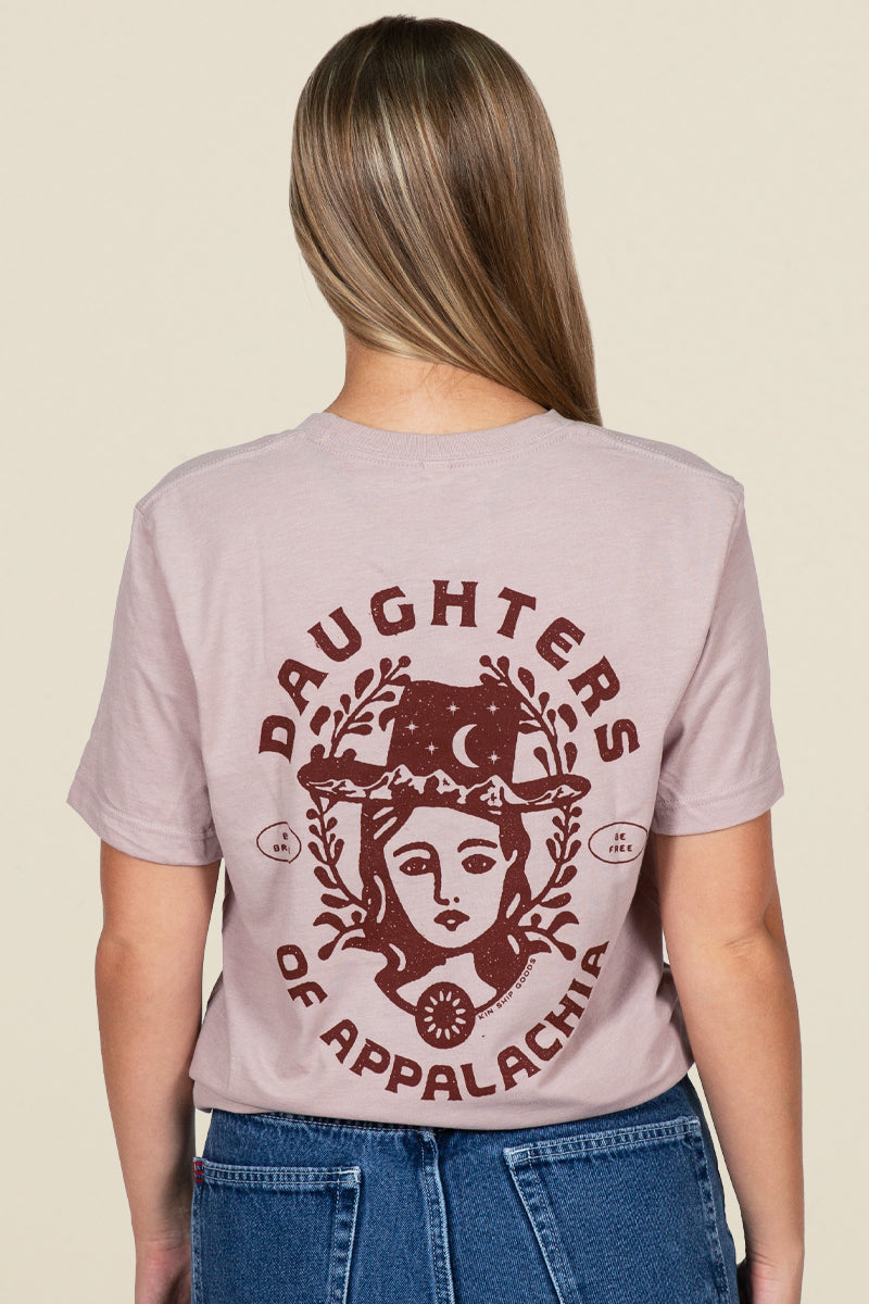 Kin Ship Goods t-shirt with ‘Daughters of Appalachia’ graphic and folk-inspired portrait in earthy red ink.