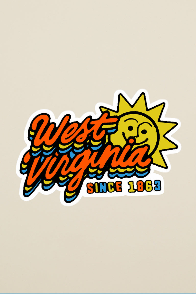 Kin Ship Goods West Virginia sticker with retro sun and bold script, weather-resistant vinyl made in Charleston, WV