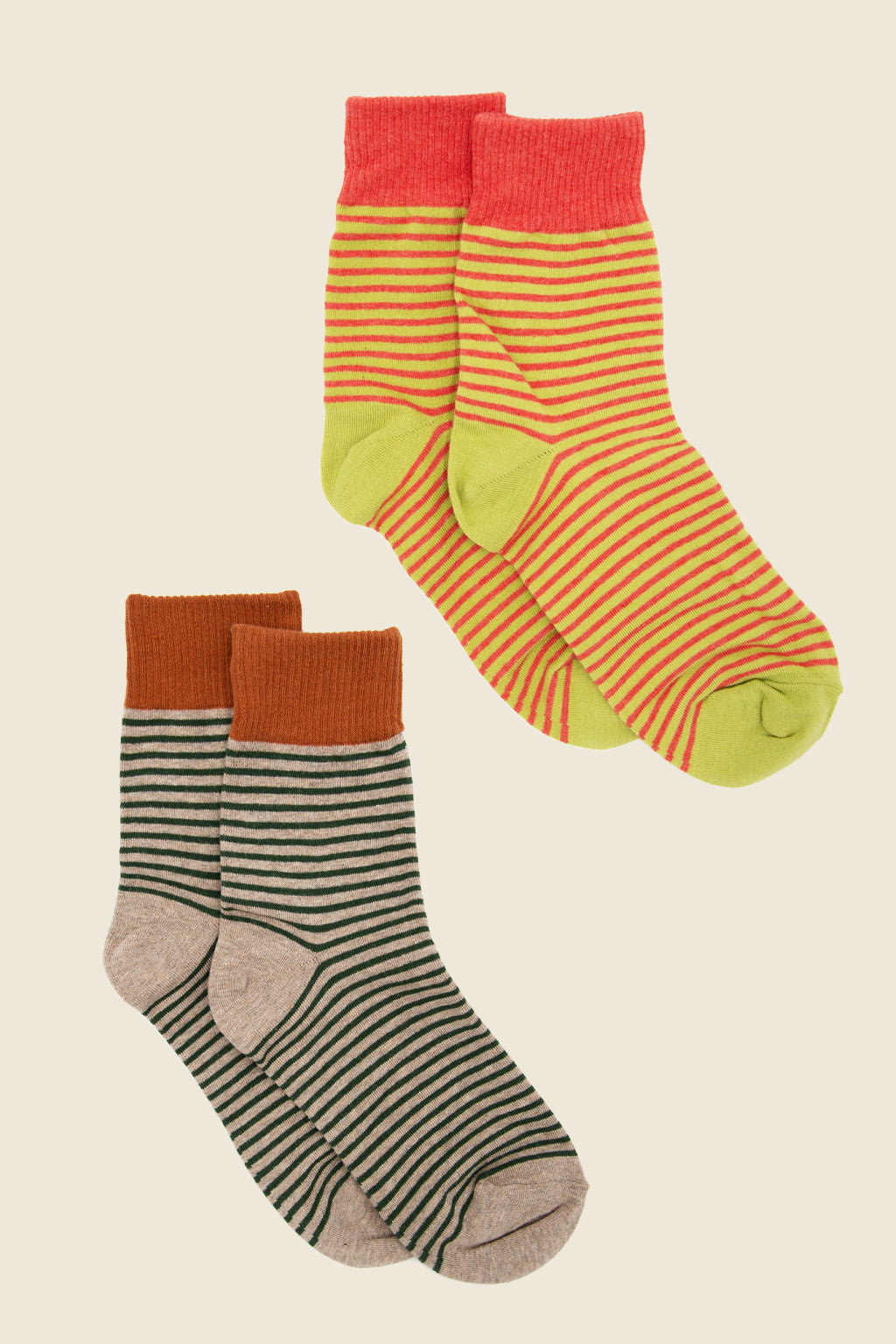 Kin Ship Goods colorful striped crew socks  in citrus pink and earthy green, cozy cotton blend