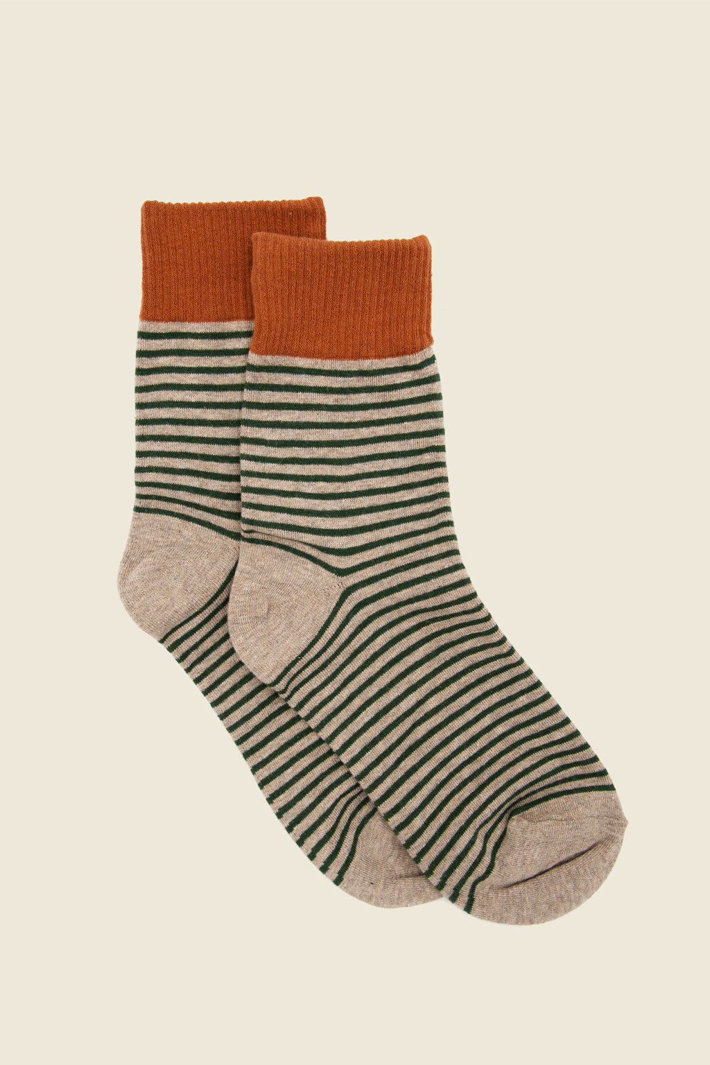 Kin Ship Goods colorful striped crew sock in earthy green, cozy cotton blend.
