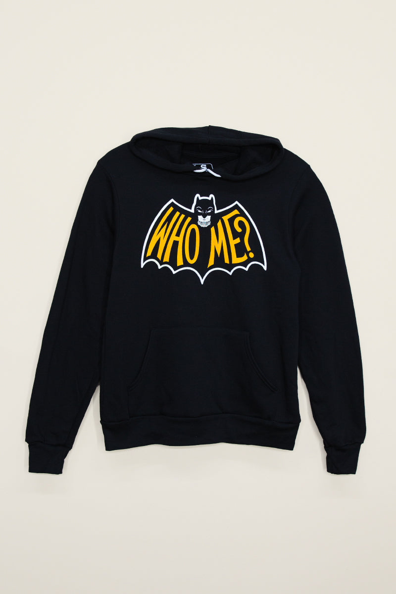 Kin Ship Goods black hoodie with 'WHO ME?' yellow bat-shaped logo—official merch for WHO ME? An Extremely True Crime Podcast.