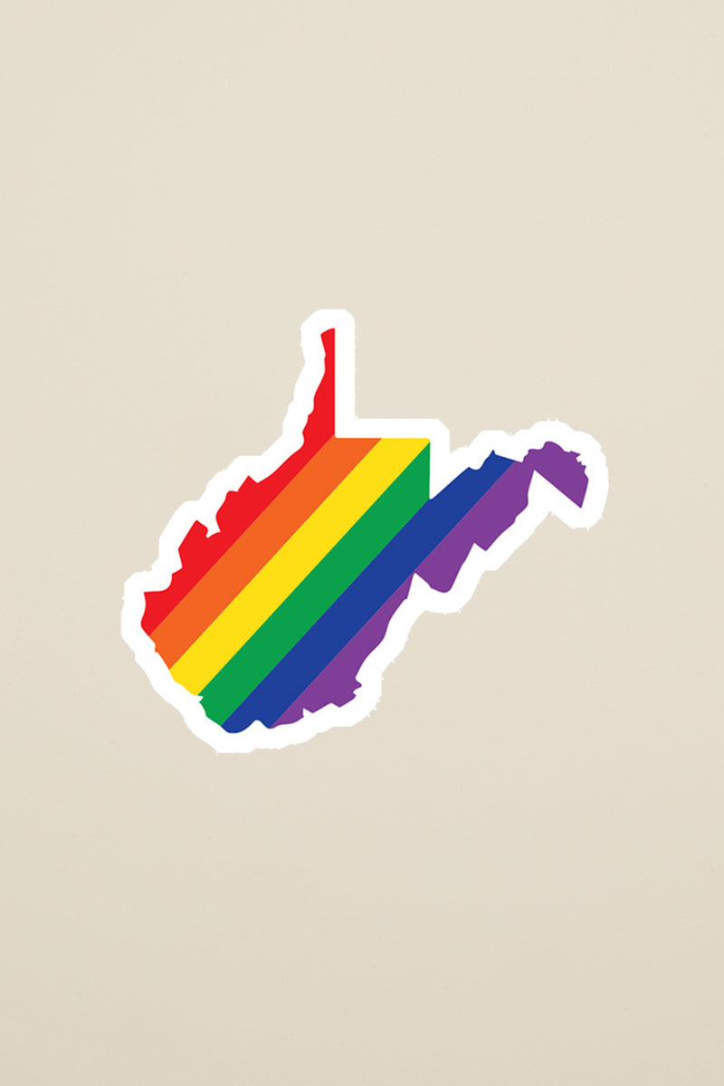 West Virginia Pride sticker from Kin Ship Goods – state silhouette with rainbow design. Perfect for showing LGBTQ+ support and WV pride.